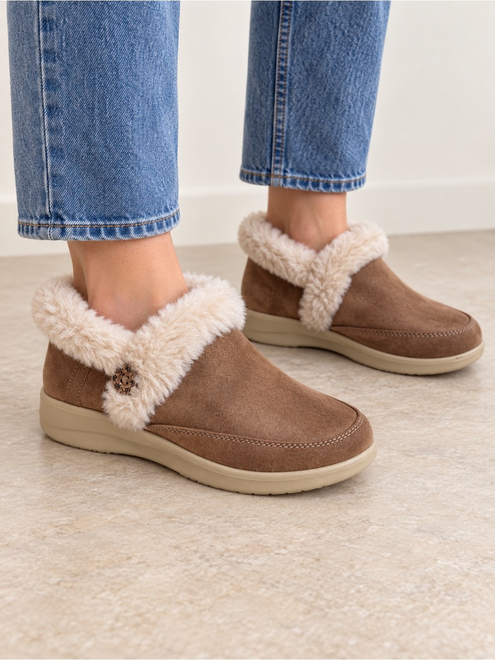 Skechers Brown Suede-Look Faux-Shearling Ankle Booties